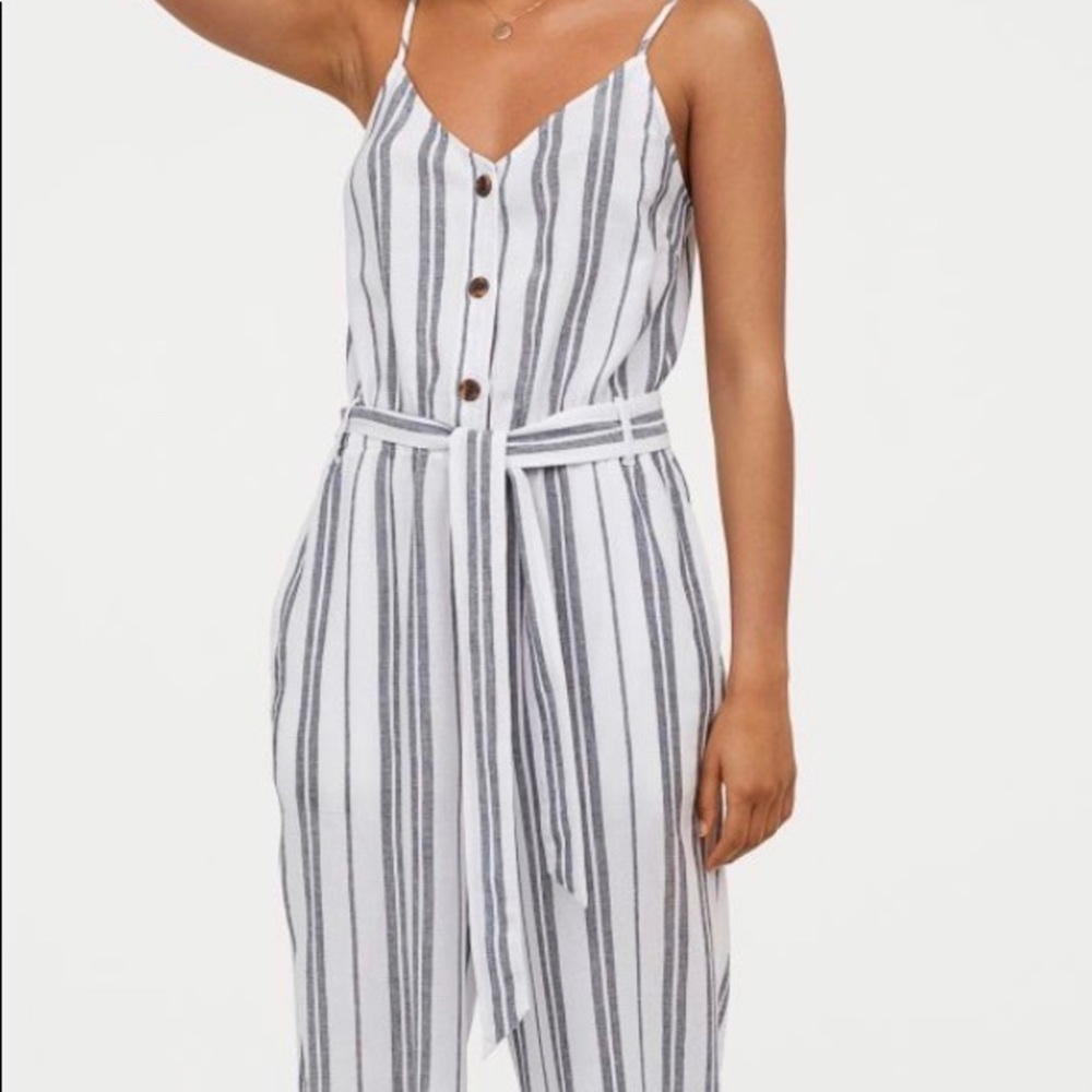 H&M Linen Blend Cream Striped Jumpsuit NWT Size 0